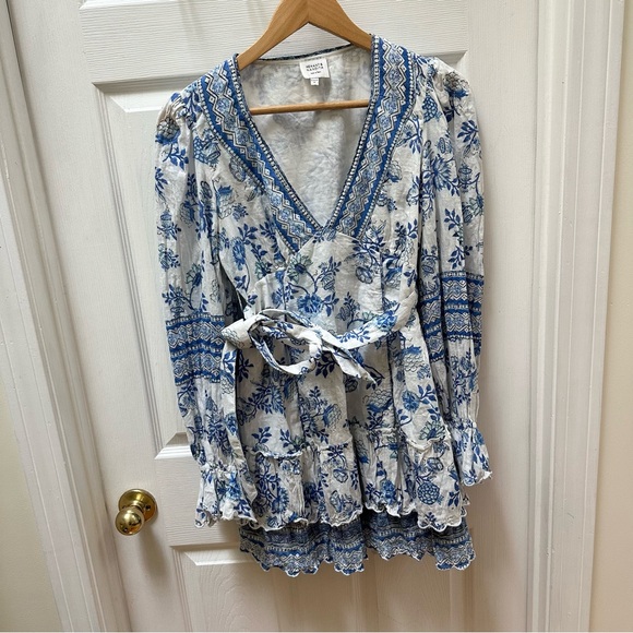 HEMANT & NANDITA V Neck Floral Print Mini Dress Blue White m medium flare tie - Picture 3 of 10